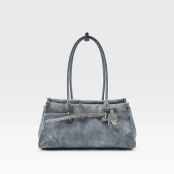 Metro Hybrid Satchel - Genuine Leather & Denim Tote Bag - Women's Convertible Commuter Purse