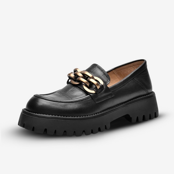 Luxe Chain Loafers - Genuine Cow Leather Slip-On Shoes - Women's Platform Loafers with Metal Accent