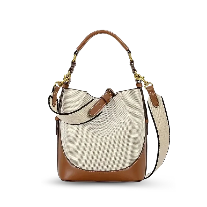 Canvas Luxe Bucket Bag - Water-Resistant PU Leather & Canvas Tote