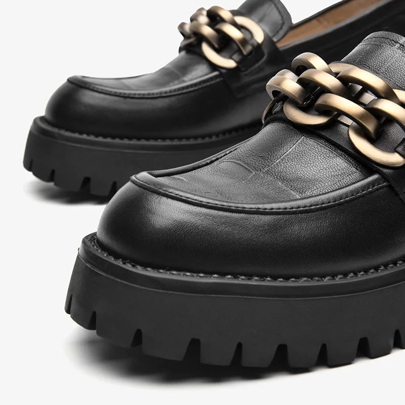 Luxe Chain Loafers - Genuine Cow Leather Slip-On Shoes - Women's Platform Loafers with Metal Accent