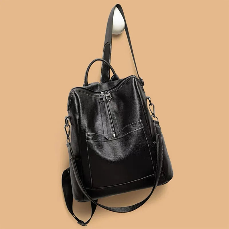 Genuine Leather Women's Backpack – Large Capacity Fashion Backpack, Soft Cowhide Foldable Travel Bag for Women