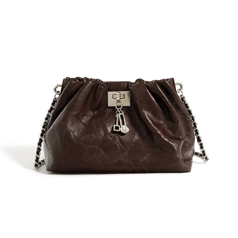 Brown Leather Shoulder Bag with Chain Strap – Women's Lightweight Design